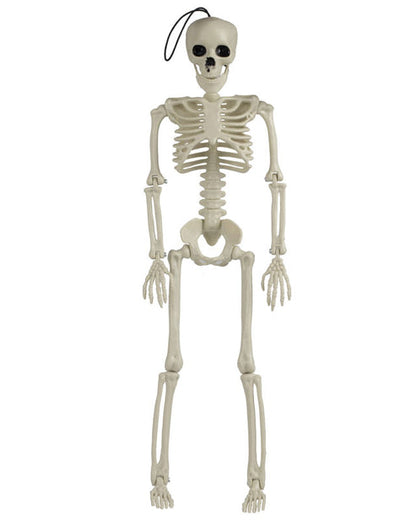 Full-length view of a 35cm off-white plastic hanging skeleton with posable joints suspended by a black rope against a rustic dark backdrop.