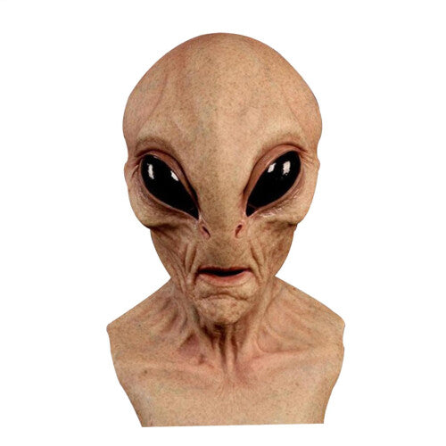 Textured gray latex alien full head mask with deep black glossy eyes and realistic skin folds on a neutral backdrop.