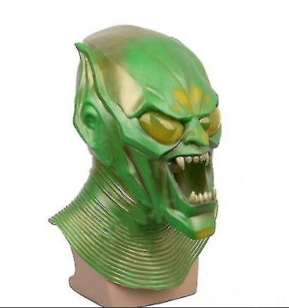 Detailed front view of a green latex Green Goblin cosplay mask featuring sharp ears and expressive facial wrinkles against a neutral background.