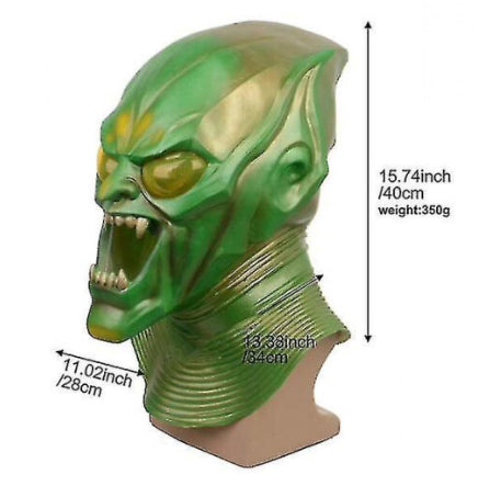 Detailed front view of a green latex Green Goblin cosplay mask featuring sharp ears and expressive facial wrinkles against a neutral background.