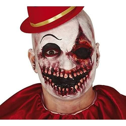 Close-up view of a 15 cm flexible latex scar prosthetic showing deep crimson blood details and exposed teeth texture laid flat on a dark surface.