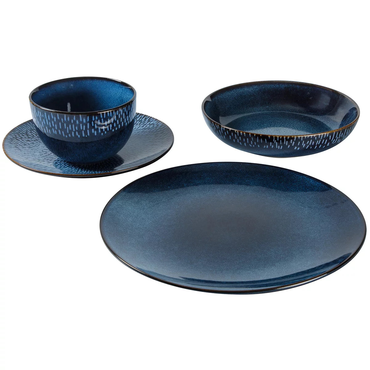 The Laurie Gates Catalina 16-Piece Reactive Stoneware Dinnerware Set arranged neatly on a table, showcasing its artisanal reactive glaze finish and complete place settings.