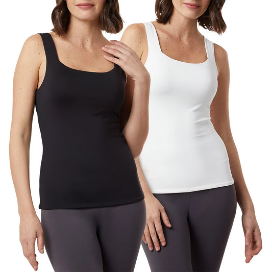 Front view of the Layer Zero ladies double lined square neck tank tops in black and white laid flat showing the sleek soft-touch fabric texture.