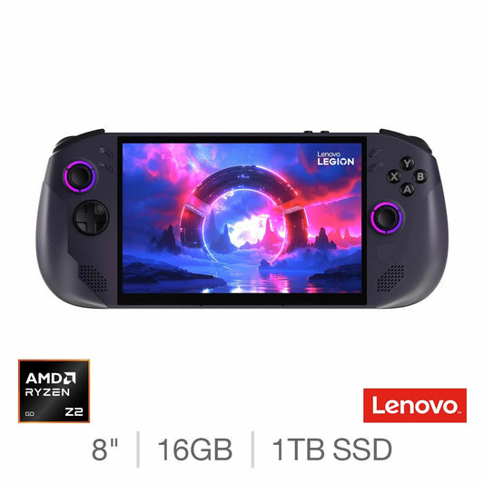 Lenovo Legion Go S black 8-inch handheld gaming console displaying its touchscreen with RGB-illuminated Hall effect joysticks.