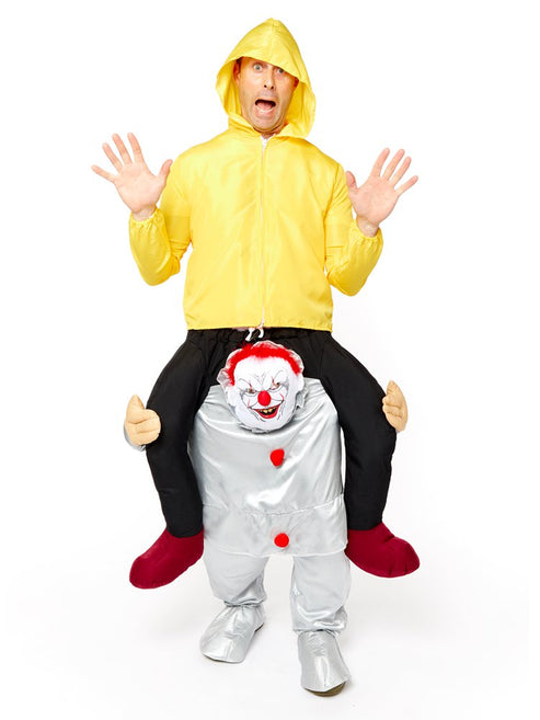 Front view of the Let Me Go Bad Clown costume on a mannequin showing distressed black and red jumpsuit patterns with dramatic jagged collar details.