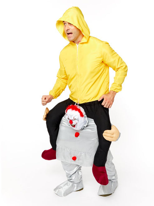 Front view of the Let Me Go Bad Clown costume on a mannequin showing distressed black and red jumpsuit patterns with dramatic jagged collar details.