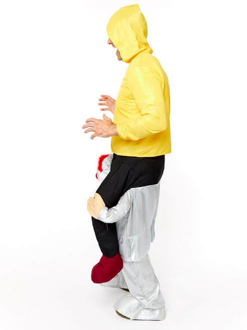 Front view of the Let Me Go Bad Clown costume on a mannequin showing distressed black and red jumpsuit patterns with dramatic jagged collar details.
