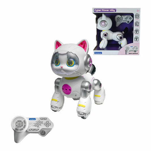 White and pink Lexibook Cyber Power Kitty robot cat with glowing LED ears standing next to its multi-button wireless remote control.
