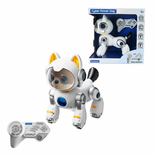 White and blue Lexibook Cyber Power Puppy robot dog with light-up LED ears sitting alongside its handheld remote control on a clean surface.