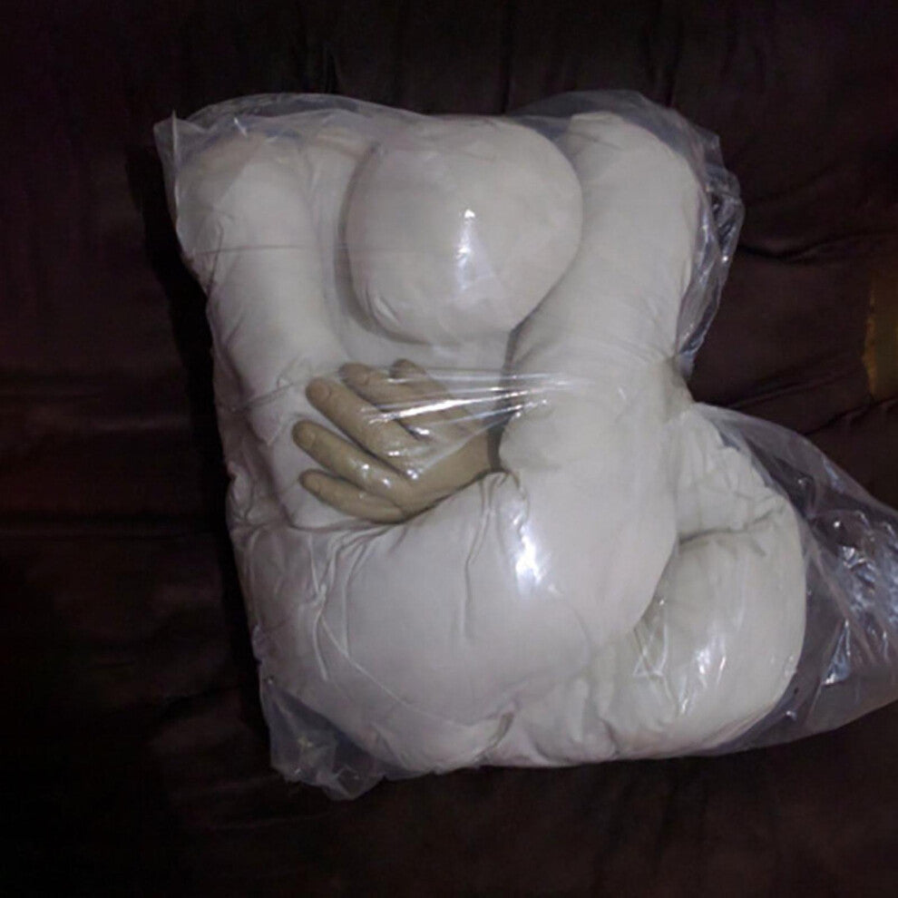Front view of a 6-foot full-size white stuffed bendable mannequin sitting upright on a plain background.