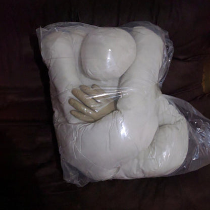 Front view of a 6-foot full-size white stuffed bendable mannequin sitting upright on a plain background.