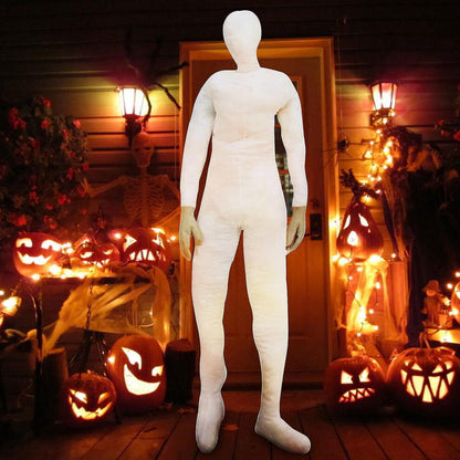 Front view of a 6-foot full-size white stuffed bendable mannequin sitting upright on a plain background.