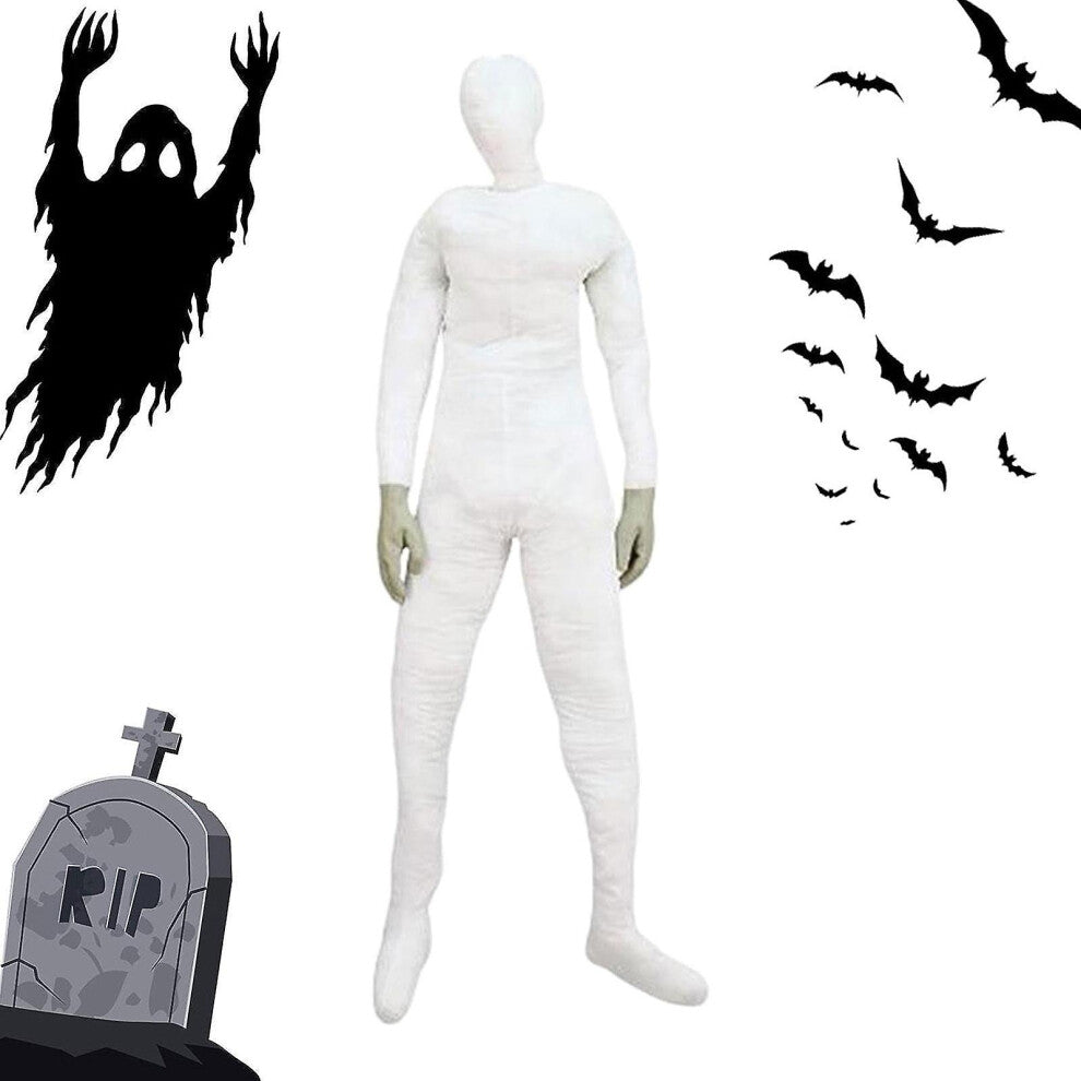 A lifesize 6-foot stuffed bendable mannequin display dummy dressed in a Halloween costume prop setup on a dark stage.