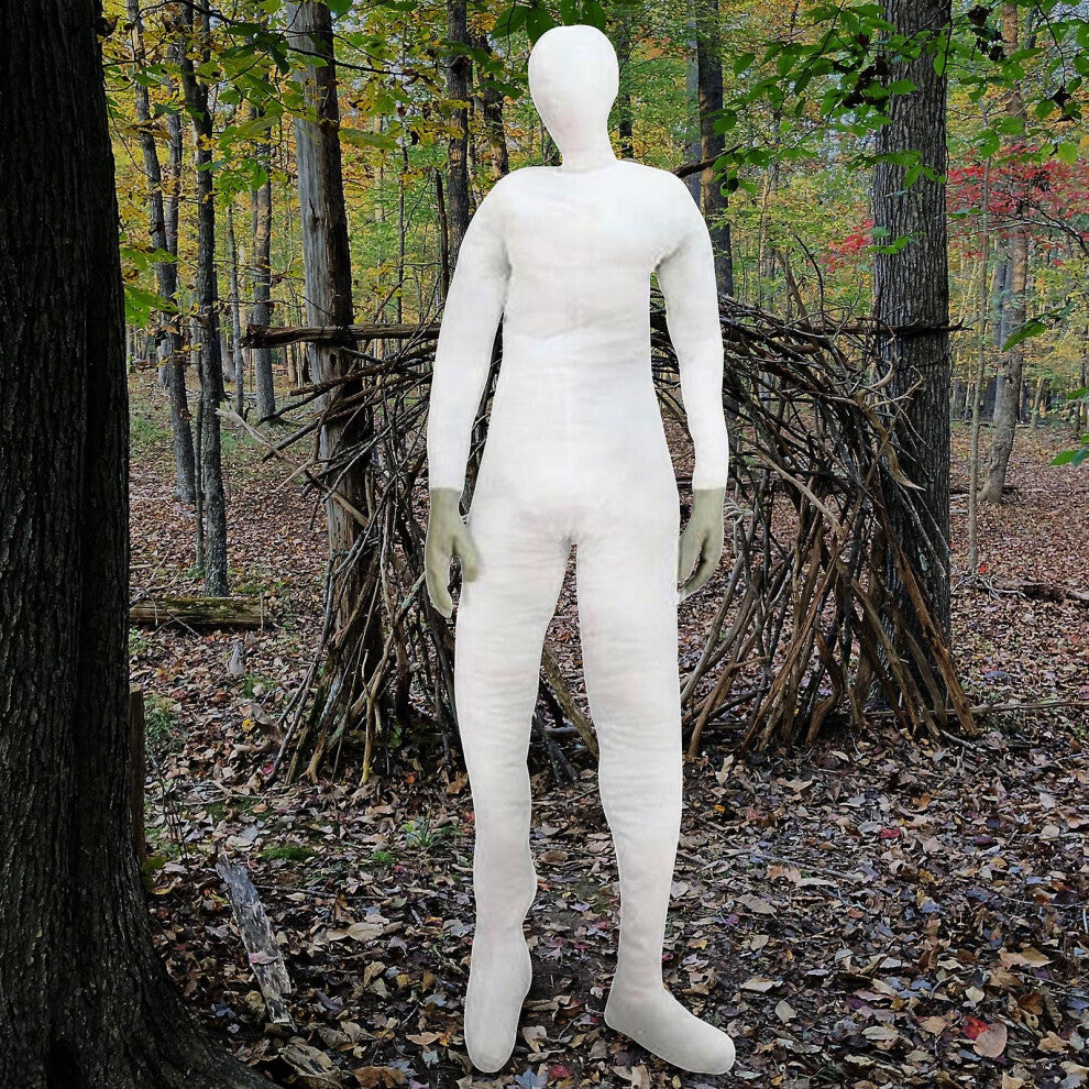 A lifesize 6-foot stuffed bendable mannequin display dummy dressed in a Halloween costume prop setup on a dark stage.