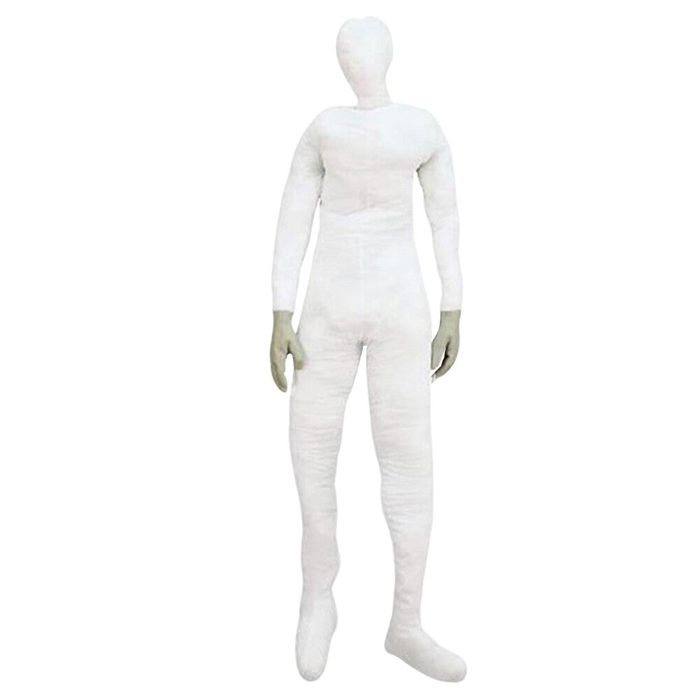 A lifesize 6-foot stuffed bendable mannequin display dummy dressed in a Halloween costume prop setup on a dark stage.
