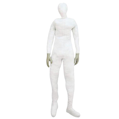 A lifesize 6-foot stuffed bendable mannequin display dummy dressed in a Halloween costume prop setup on a dark stage.