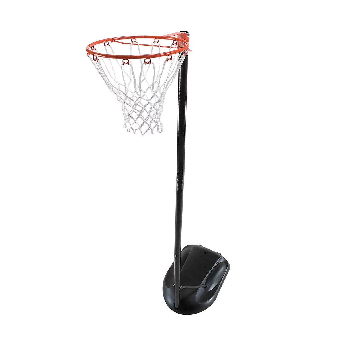Black Lifetime portable netball goal with an orange rim set up on a paved driveway showing the adjustable steel pole and base.