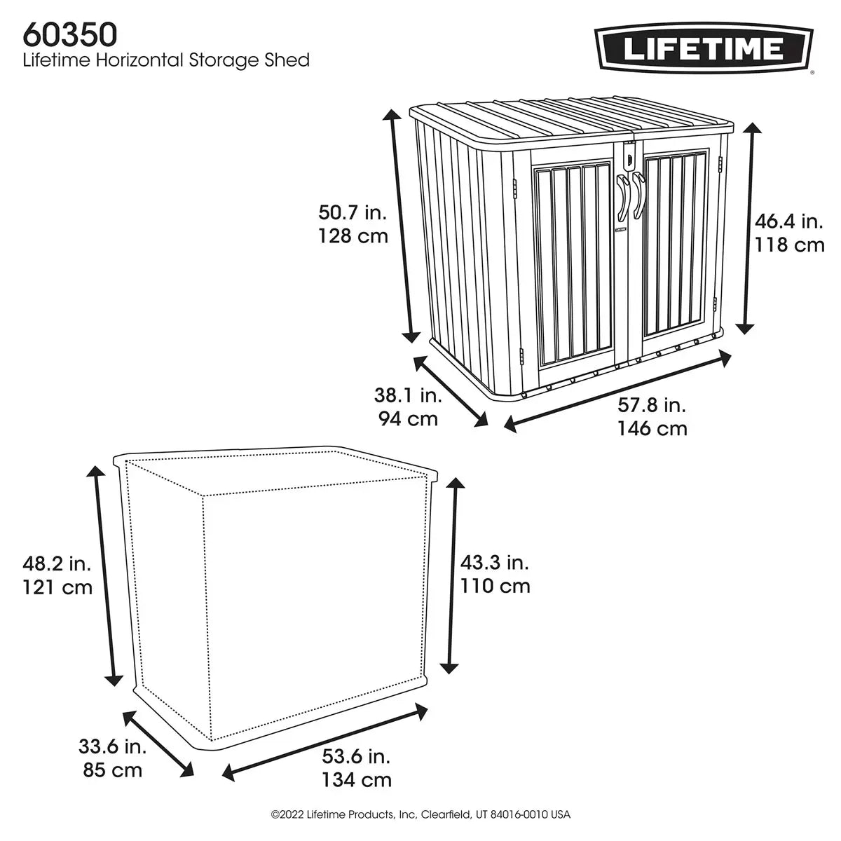 Lifetime 1300 litre horizontal garden storage shed with a realistic wood-look rough cut finish, shown with open doors revealing two standard wheelie bins.