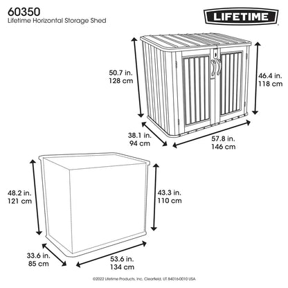 Lifetime 1300 litre horizontal garden storage shed with a realistic wood-look rough cut finish, shown with open doors revealing two standard wheelie bins.