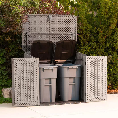 Lifetime 1300 litre horizontal garden storage shed with a realistic wood-look rough cut finish, shown with open doors revealing two standard wheelie bins.