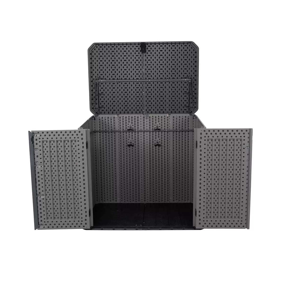 Lifetime 1300 litre horizontal garden storage shed with a realistic wood-look rough cut finish, shown with open doors revealing two standard wheelie bins.