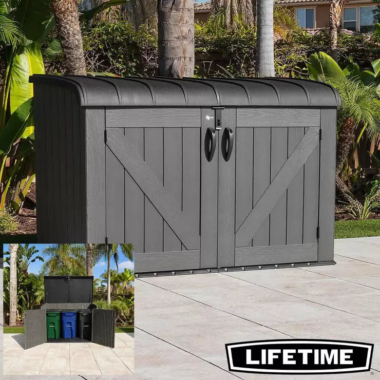 Lifetime 2190L horizontal storage shed in grey, featuring wide double doors and a spacious interior for bin and tool storage.
