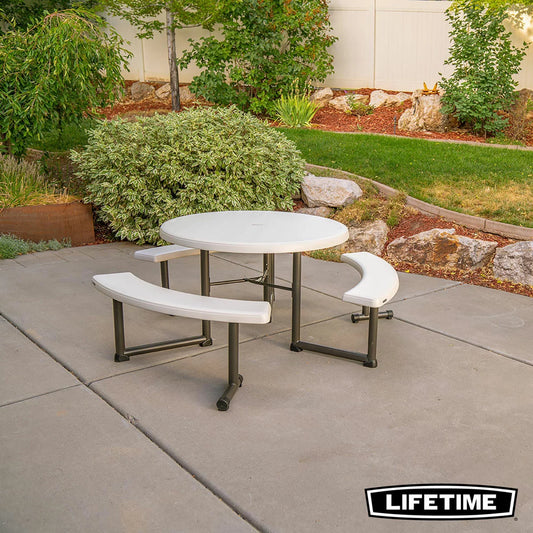 Lifetime Model 260205 round 44-inch almond-colored picnic table with four attached benches.