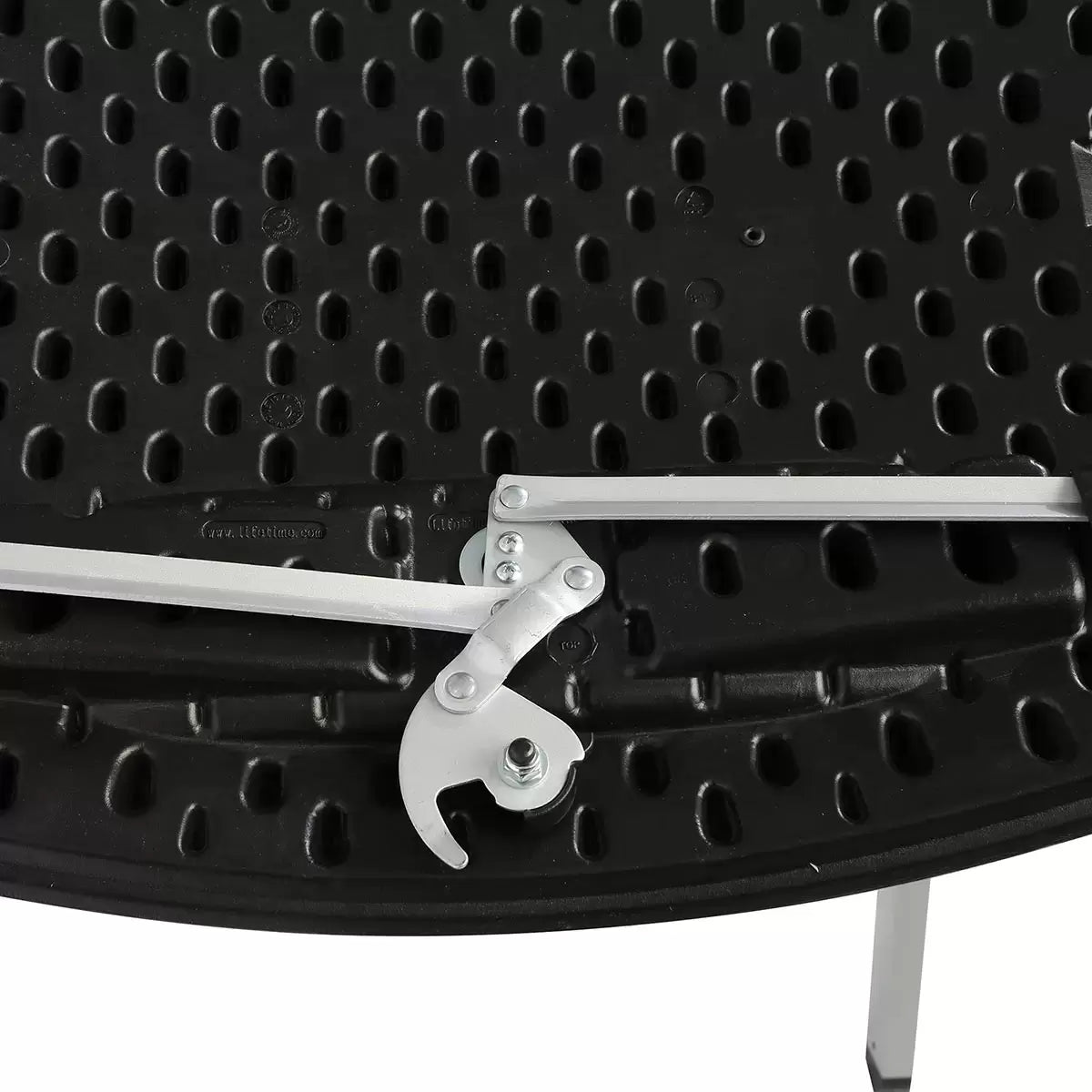 A side-by-side view of the Lifetime 378L dual tumbling composter on a sturdy steel base, situated on a clean garden patio, showing the black panels and red processing indicators.