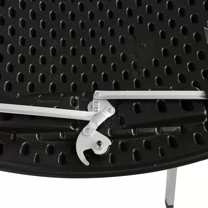 A side-by-side view of the Lifetime 378L dual tumbling composter on a sturdy steel base, situated on a clean garden patio, showing the black panels and red processing indicators.