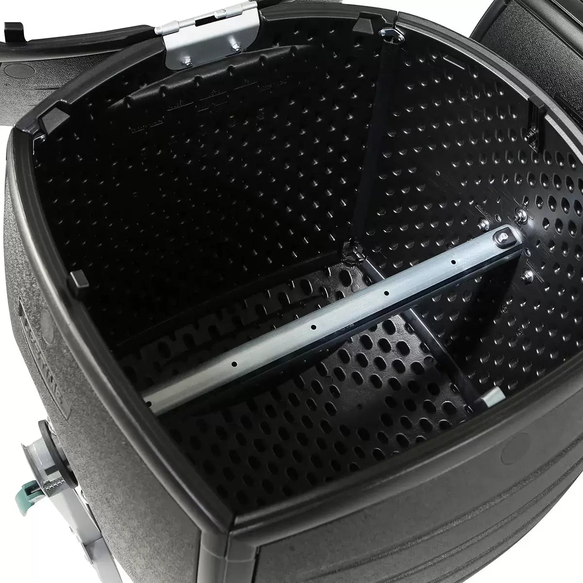 A side-by-side view of the Lifetime 378L dual tumbling composter on a sturdy steel base, situated on a clean garden patio, showing the black panels and red processing indicators.