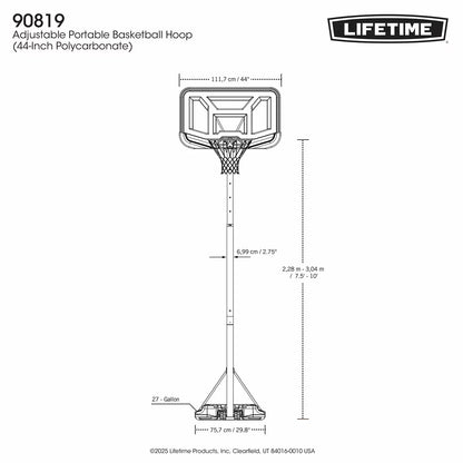 Lifetime 44 Inch Portable Basketball Hoop with adjustable height, durable backboard, and portable base for outdoor basketball practice and family games.
