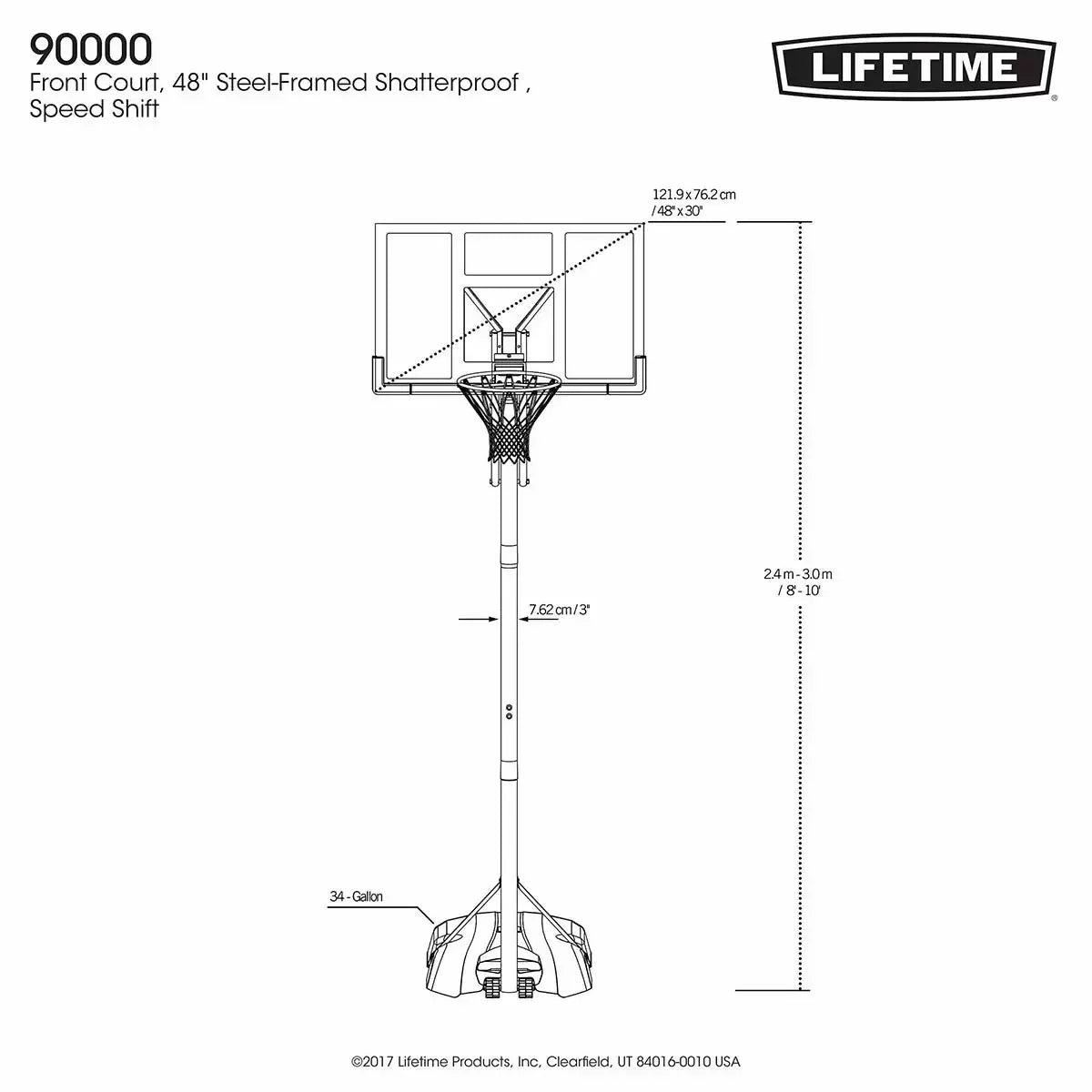 Black and red Lifetime 48 inch portable basketball hoop with clear shatter-proof backboard set up on a paved outdoor driveway.