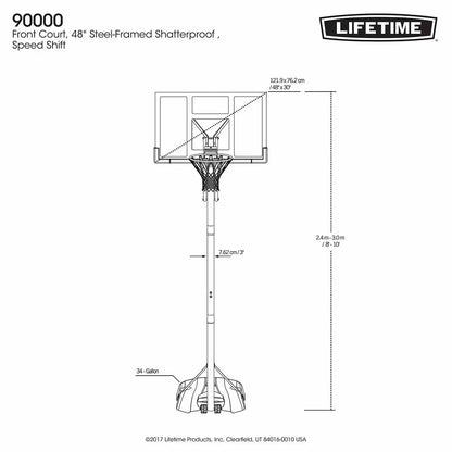 Black and red Lifetime 48 inch portable basketball hoop with clear shatter-proof backboard set up on a paved outdoor driveway.