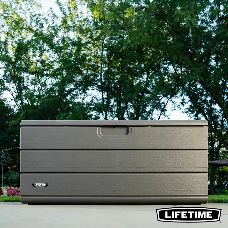 Lifetime 643 Litre heavy-duty outdoor storage deck box in desert tan.
