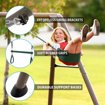 Lifetime 7ft green and tan steel garden swing set featuring two classic swings, a trapeze bar with gym rings, and a durable weather-resistant frame in a family garden.