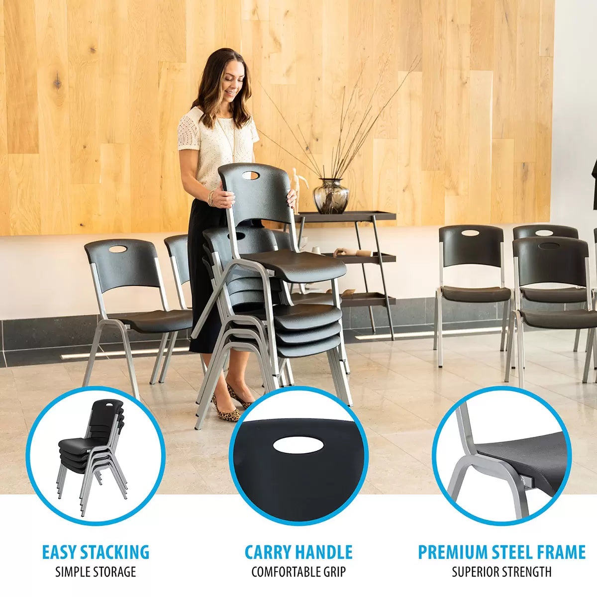 Lifetime black stacking chairs 14 pack with durable steel frame and stackable space-saving design for commercial and event seating