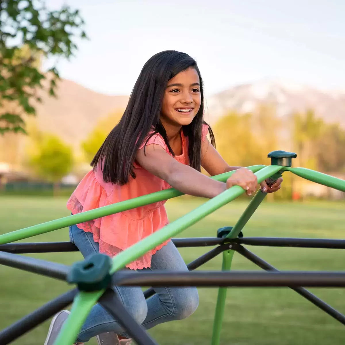 Geometric heavy-duty steel Lifetime climbing dome set up on a green grass garden lawn under sunny skies.
