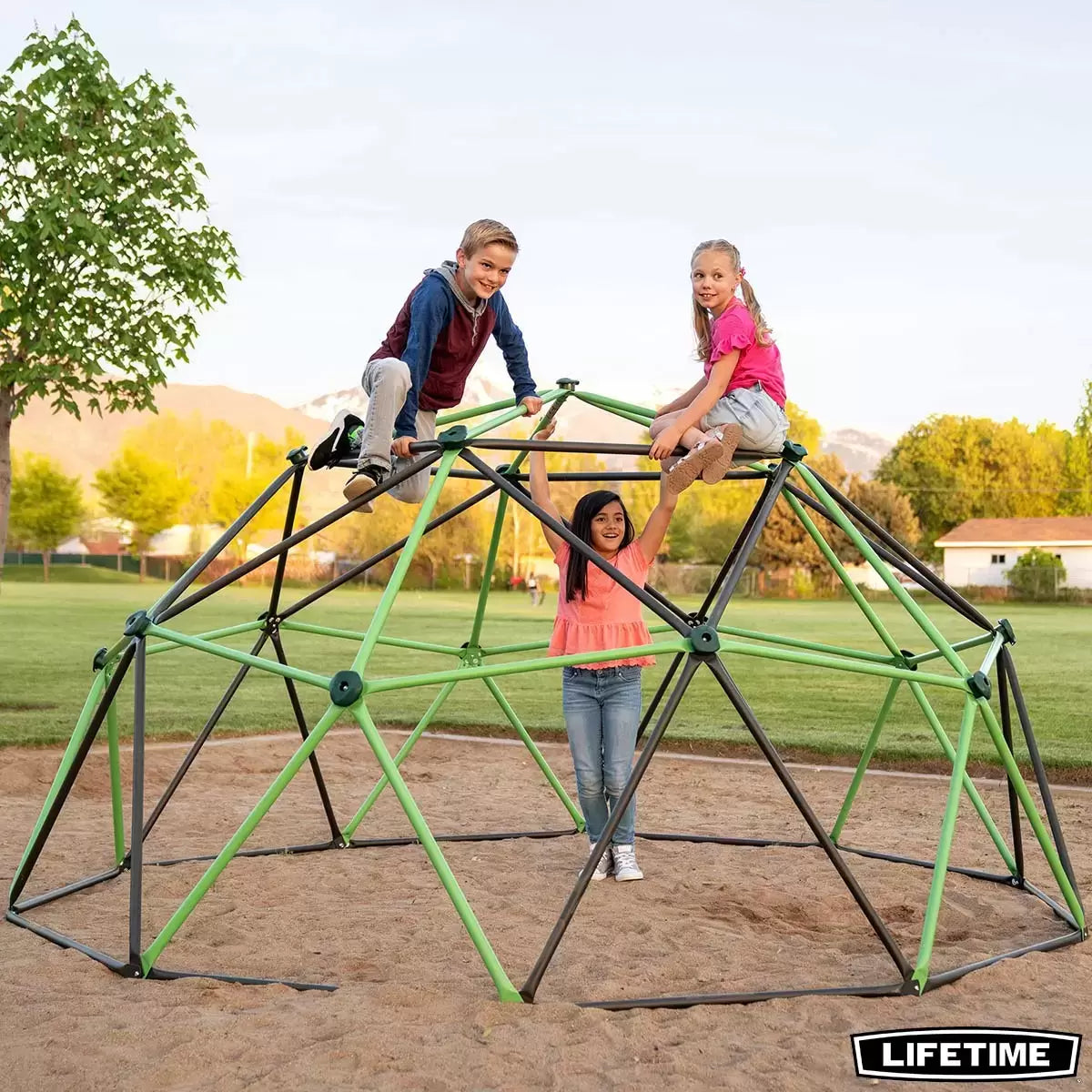 Geometric heavy-duty steel Lifetime climbing dome set up on a green grass garden lawn under sunny skies.