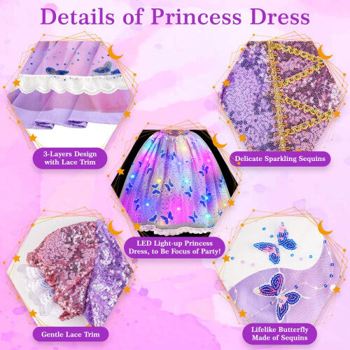 Front view of a young girl wearing a flowing purple sequined light-up princess dress with lace sleeves, holding a silver wand and wearing a matching glowing wig and crown.
