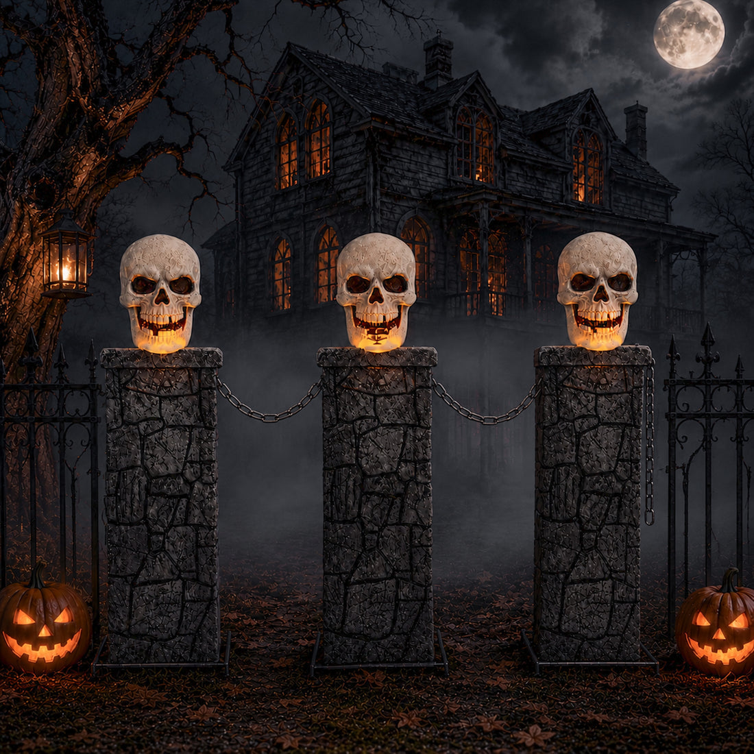 Samuel Alexander grey stone-effect Halloween skull fence with three illuminated LED pedestals and connecting chains set up on a dark lawn.