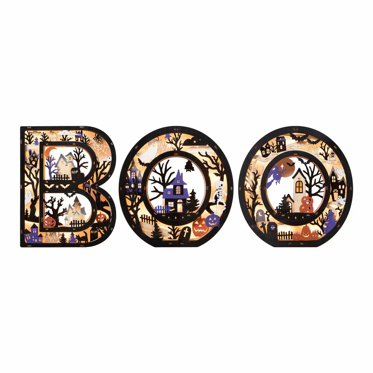 Set of three large illuminated wooden BOO letters featuring detailed laser-cut Halloween scenes emitting a warm LED glow on a dark wooden mantle shelf.