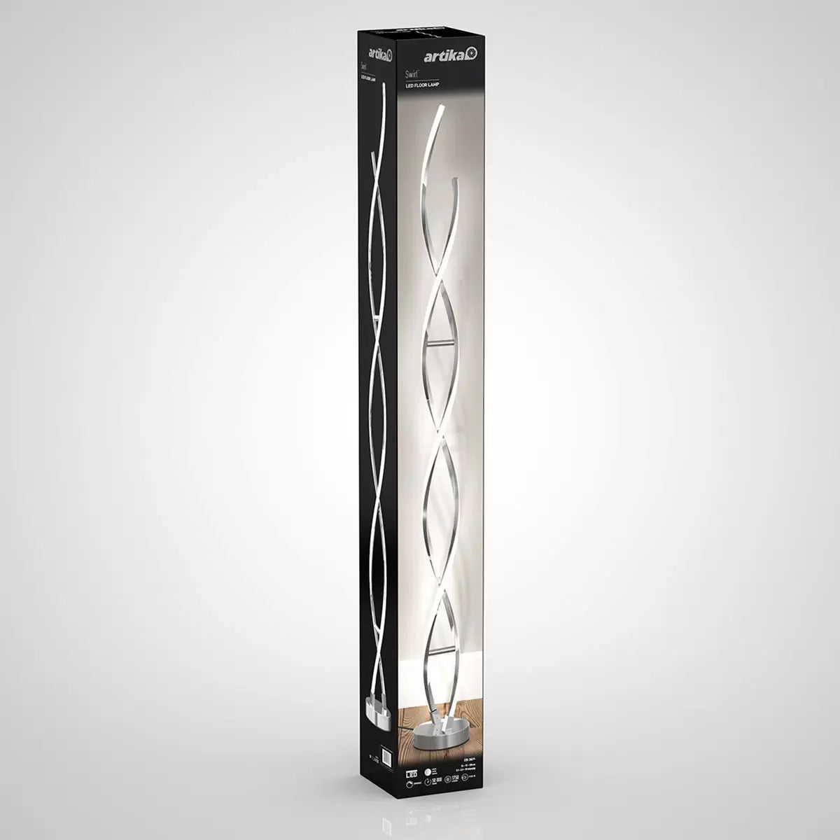 Artika Chrome Swirl LED Floor Lamp with integrated LED lighting and modern chrome spiral design for living room décor