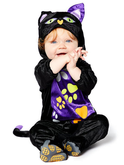 Baby wearing the velvety black Lil Kitty Cutie costume with a plush purple belly panel and cat ears hood.