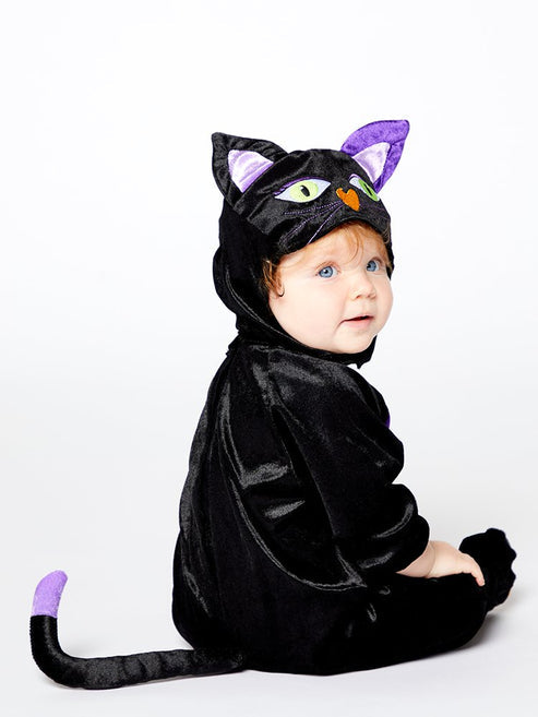 Baby wearing the velvety black Lil Kitty Cutie costume with a plush purple belly panel and cat ears hood.
