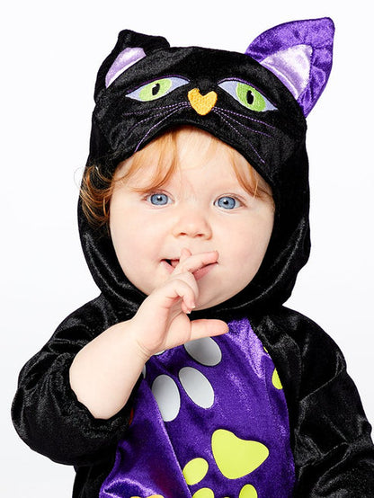 Baby wearing the velvety black Lil Kitty Cutie costume with a plush purple belly panel and cat ears hood.