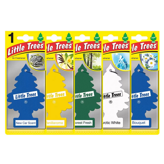 A 24-pack box of colorful Little Trees air fresheners featuring Vanillaroma, Black Ice, and New Car Scent hanging trees displayed against a clean automotive interior background.
