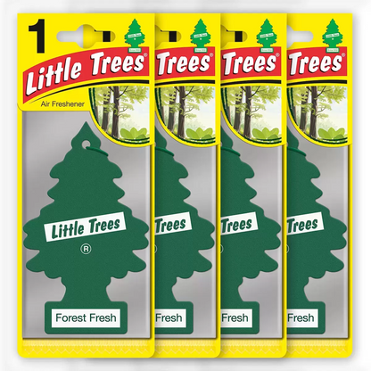 A 24-pack box of colorful Little Trees air fresheners featuring Vanillaroma, Black Ice, and New Car Scent hanging trees displayed against a clean automotive interior background.