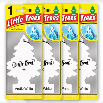 A 24-pack box of colorful Little Trees air fresheners featuring Vanillaroma, Black Ice, and New Car Scent hanging trees displayed against a clean automotive interior background.