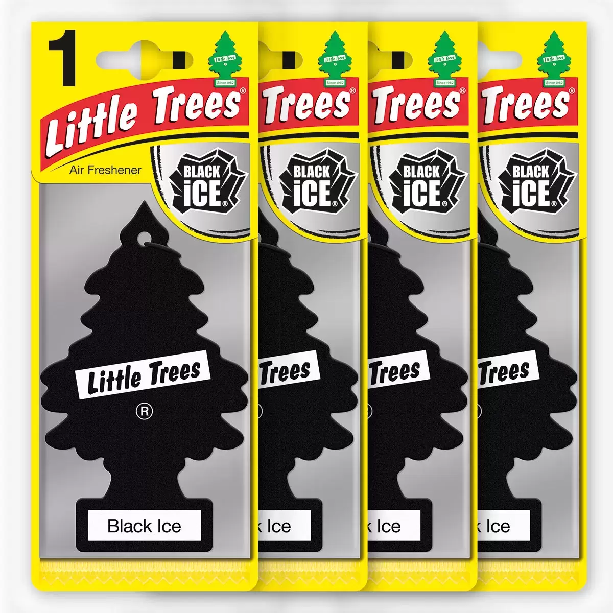 A 24-pack box of colorful Little Trees air fresheners featuring Vanillaroma, Black Ice, and New Car Scent hanging trees displayed against a clean automotive interior background.