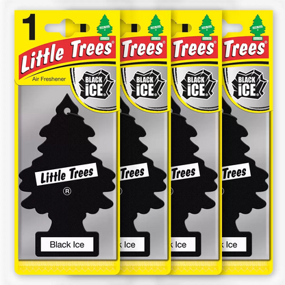 A 24-pack box of colorful Little Trees air fresheners featuring Vanillaroma, Black Ice, and New Car Scent hanging trees displayed against a clean automotive interior background.